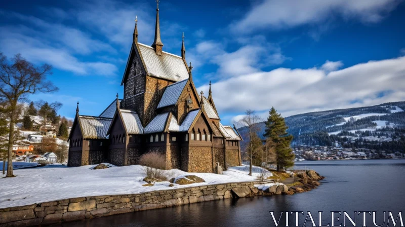 Winter Norwegian Wooden Church Landscape AI Image
