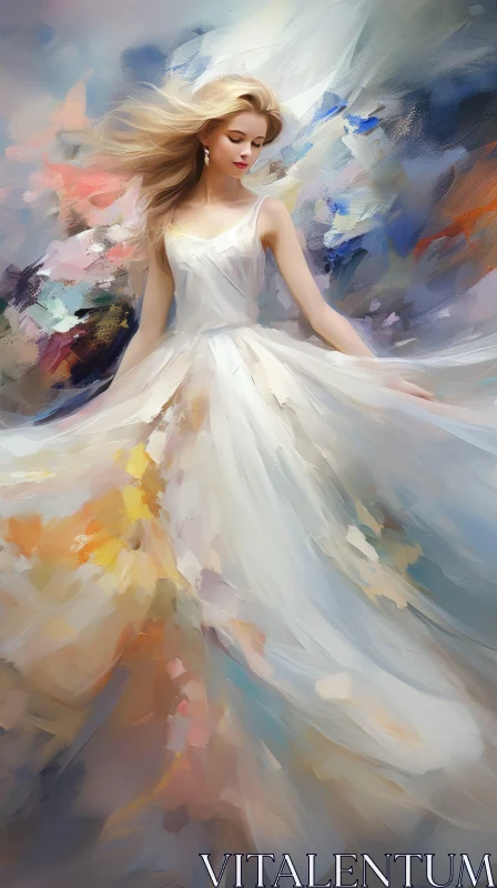 Young Woman in White Dress - Field of Flowers Painting AI Image