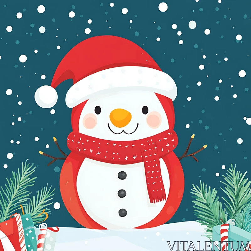 Festive Cartoon Snowman in Santa Hat and Scarf with Gifts AI Image