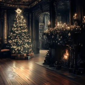 Opulent Holiday Decor with Tree and Candlelit Fireplace