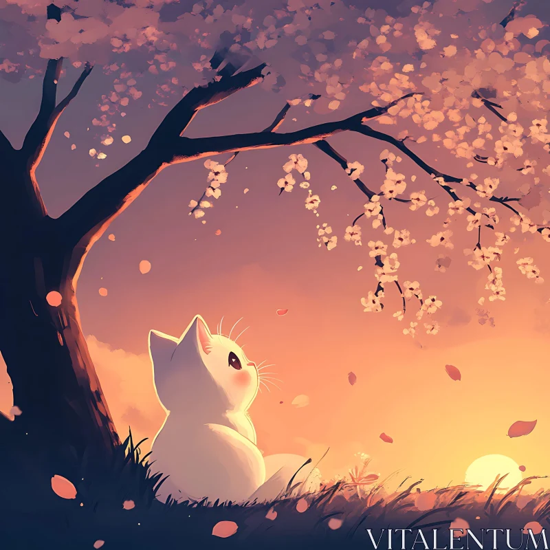 Tranquil Evening with White Cat and Cherry Blossoms AI Image