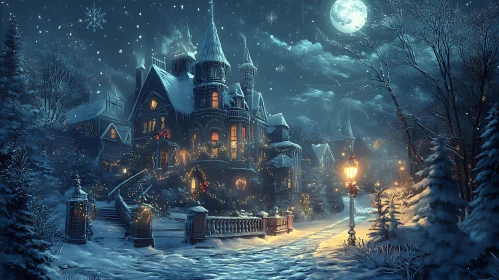 Victorian Mansion Adorned with Christmas Lights on Snowy Night