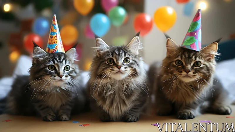 Festive Kittens with Party Hats and Balloons AI Image