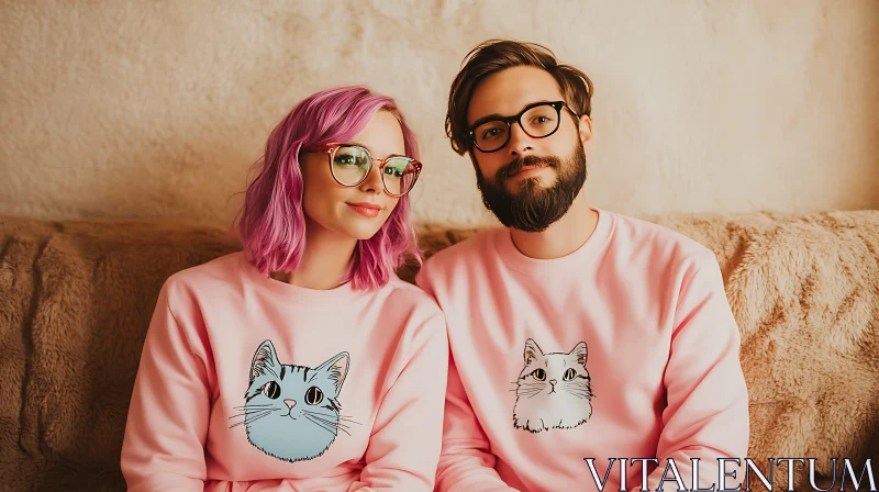 AI ART Cute Couple in Pink Cat Sweaters