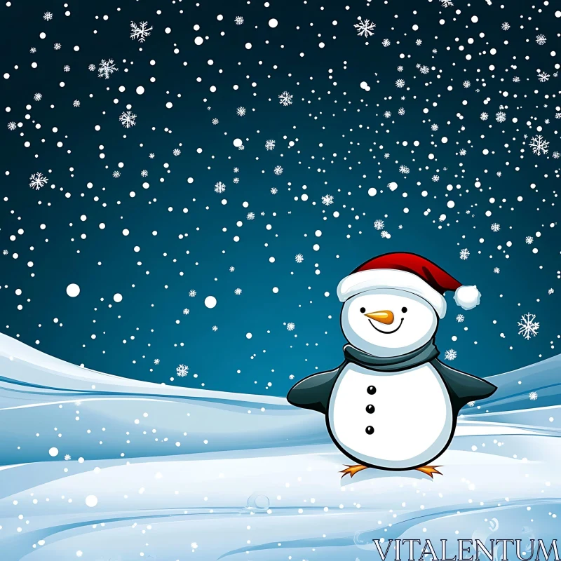 Festive Snowman Cartoon with Falling Snowflakes AI Image