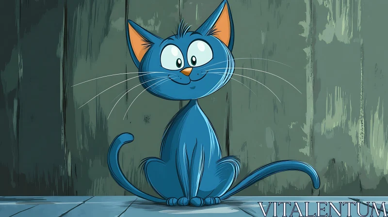 Adorable Blue Cartoon Cat Sitting Against Green Wall AI Image