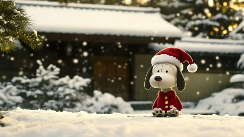 Adorable Dog in Santa Attire Amidst Snowfall