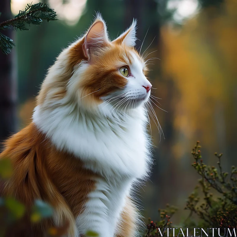 Forest Cat with Fluffy Fur and Green Eyes AI Image