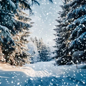 Snowy Forest Trail with Pine Trees