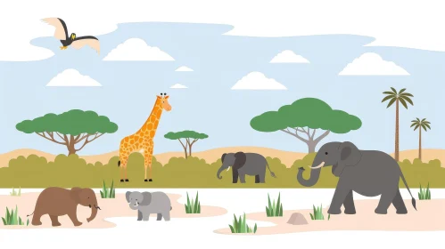 African Animals in Cartoon Savanna Landscape