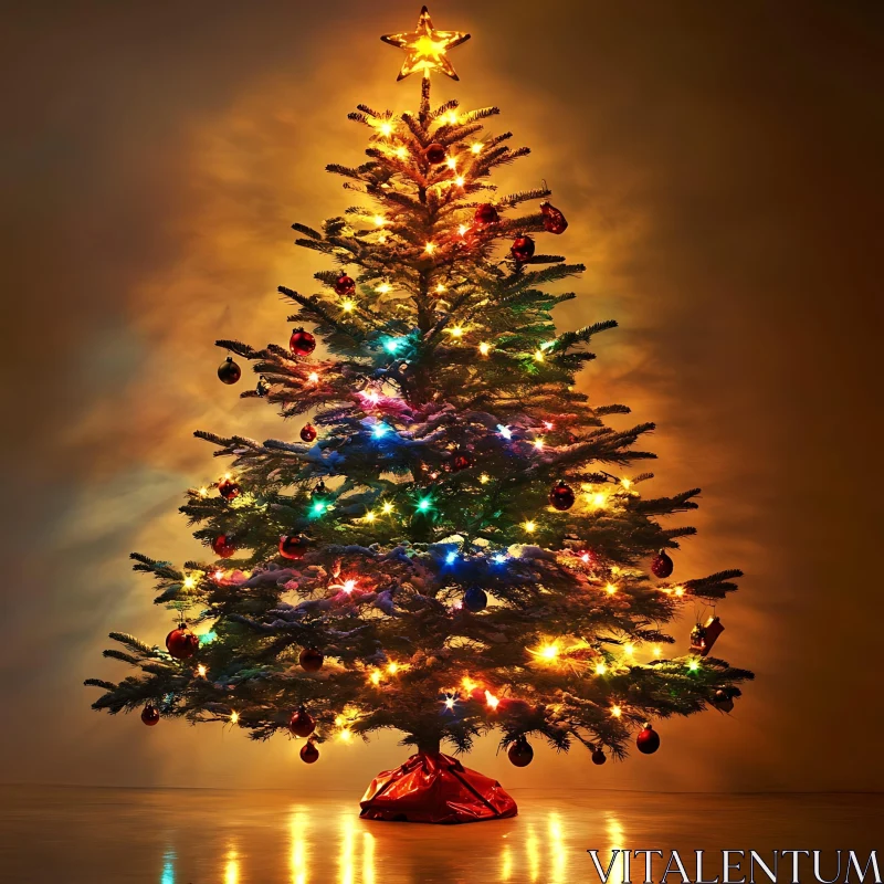 Festive Christmas Tree with Golden Star Topper and Gifts AI Image