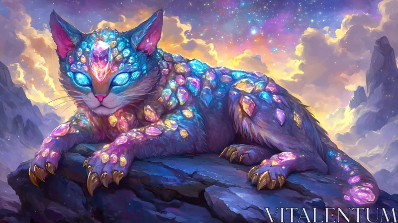 Ethereal Crystal Cat in Magical Mountainous Region AI Image