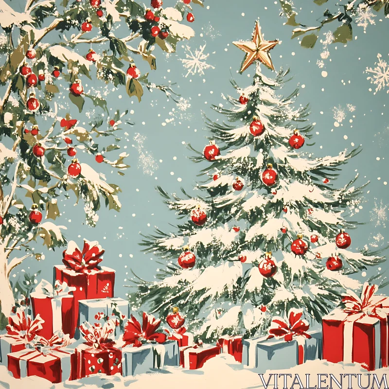 Snowy Christmas Tree Decor with Presents AI Image