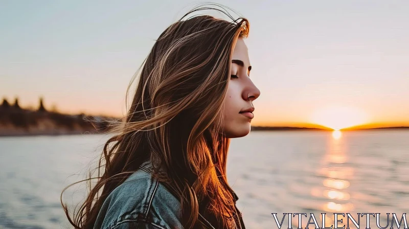 Captivating Sunset: Young Woman Contemplates the Beauty of Nature AI Image