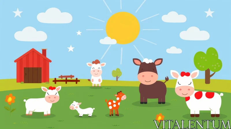 Cheerful Cartoon Farm Illustration with Animals AI Image