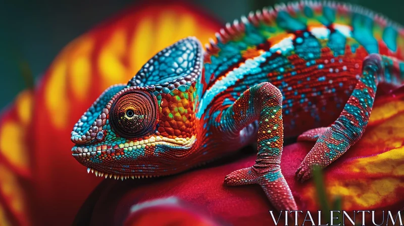 Colorful Chameleon on a Red Flower - A Captivating Close-Up AI Image
