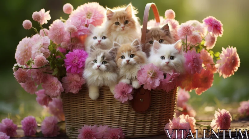 Curious Kittens in Wicker Basket with Flowers AI Image