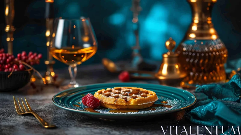 AI ART Delicious Food Still Life: Waffle with Raspberries and Whiskey