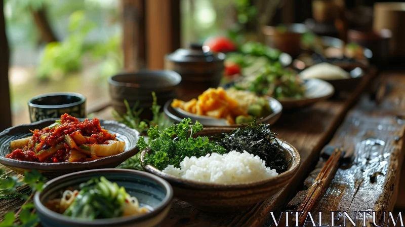 Delicious Korean Side Dishes: A Rustic Table Setting AI Image