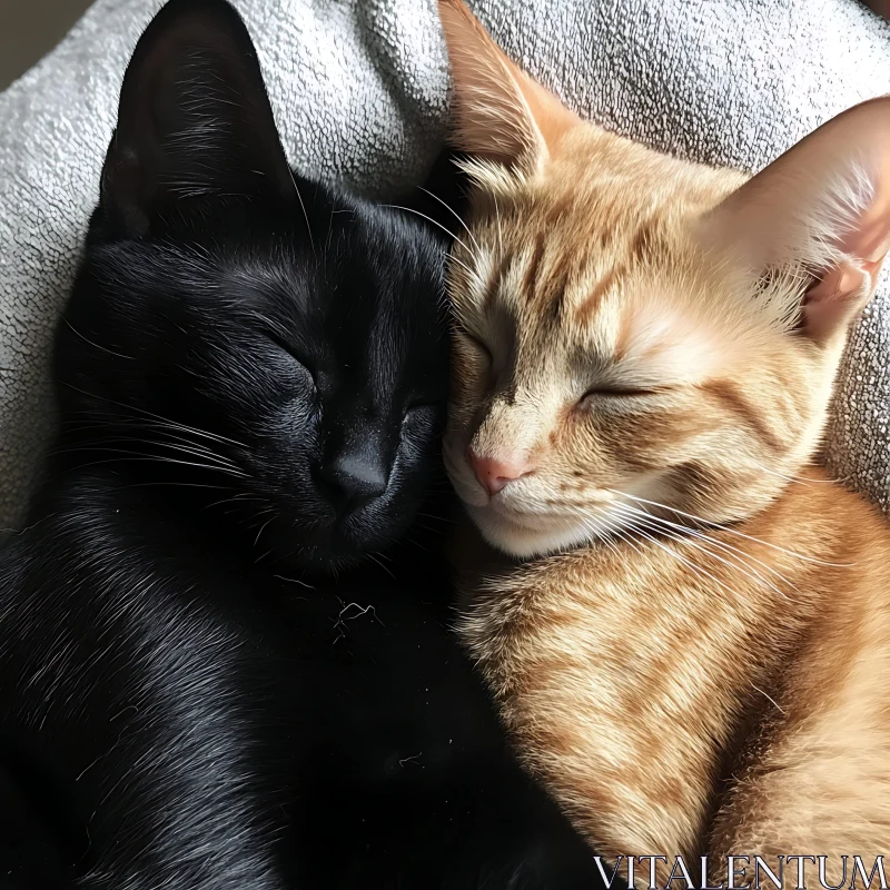 Heartwarming Black and Ginger Cats Cuddling AI Image