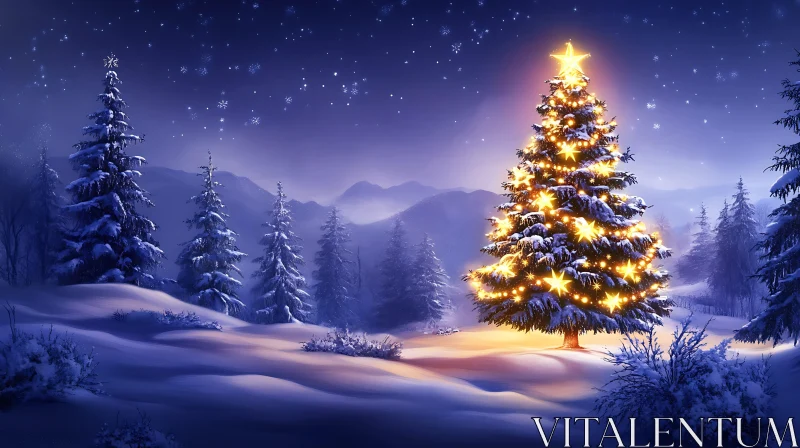 AI ART Enchanted Winter Scene with Lit Christmas Tree