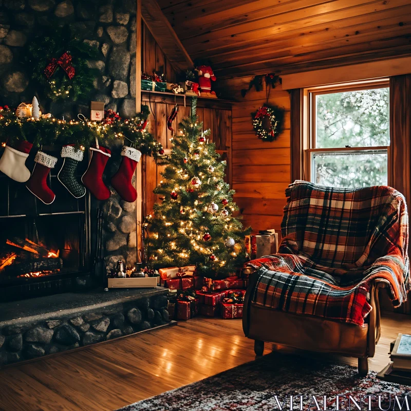 Festive Cabin with Fireplace and Holiday Decor AI Image