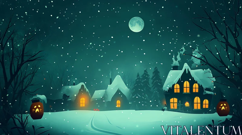 AI ART Mystical Winter Night in a Snow-Covered Village