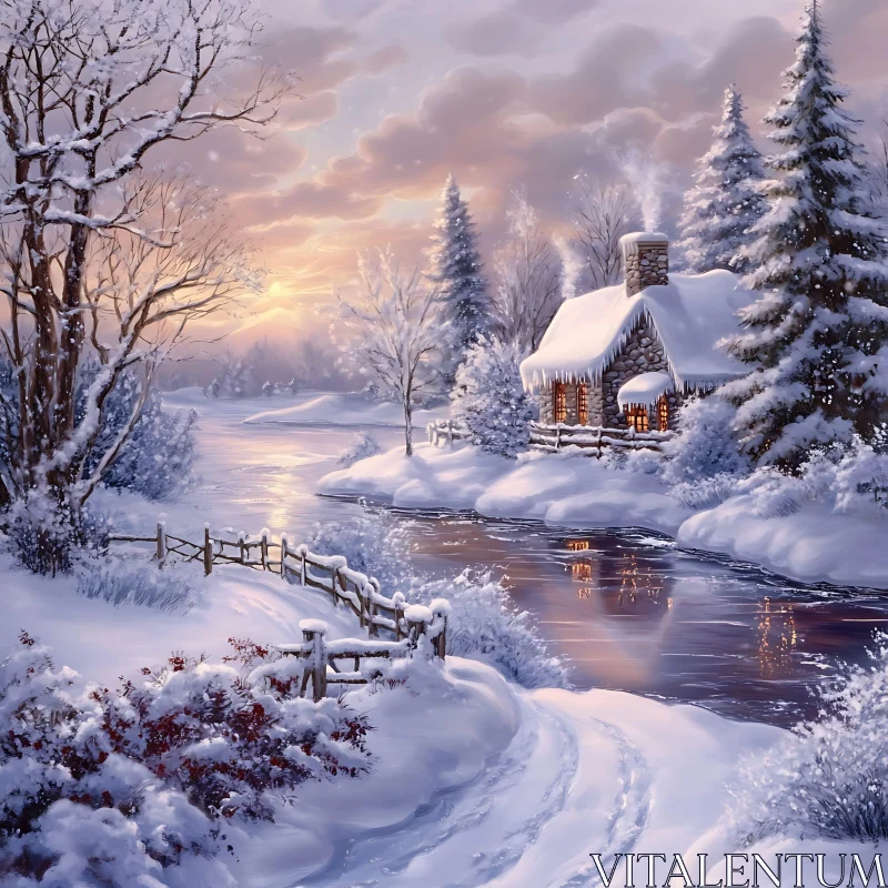 Snowy Cabin in a Winter Wonderland AI Image