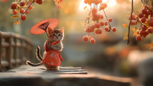 Cute Kitten in Traditional Red Outfit Outdoors