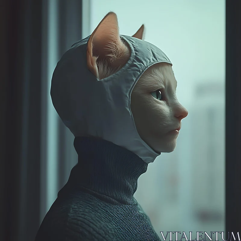 Thoughtful Cat in Surreal Attire AI Image