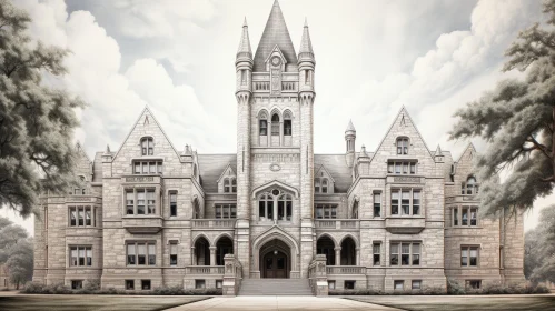 Enchanting University Building with Clock Tower and Trees