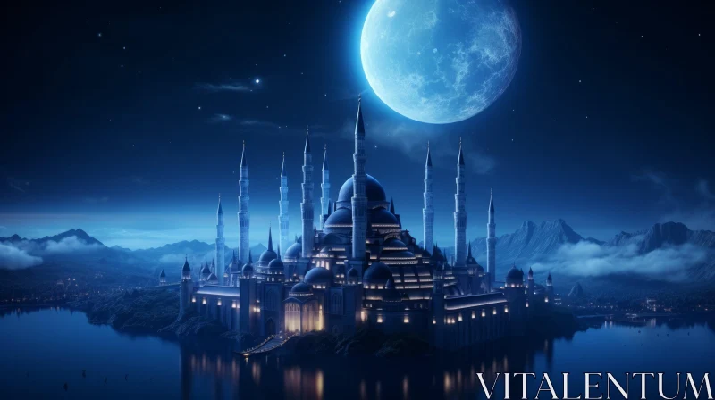 Enigmatic Castle in Moonlight: A Captivating Fantasy Scene AI Image