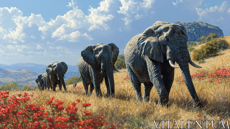 Majestic Elephants Walking Through a Field of Red Flowers in a Breathtaking Landscape AI Image