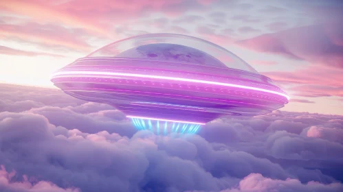 Metallic UFO 3D Rendering in Sky at Sunset