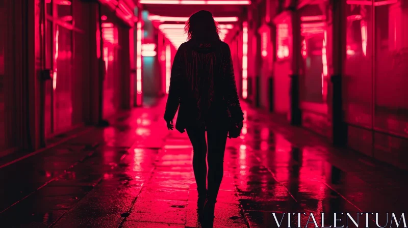 Mysterious Woman Walking Down a Dark Street at Night AI Image