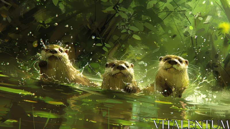 AI ART Playful Otters Swimming in River - Nature Scene