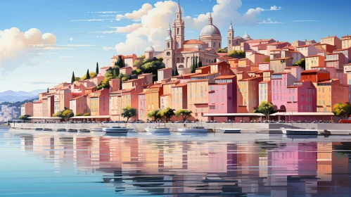 Serene Coastal Town Painting - Tranquil Sea View