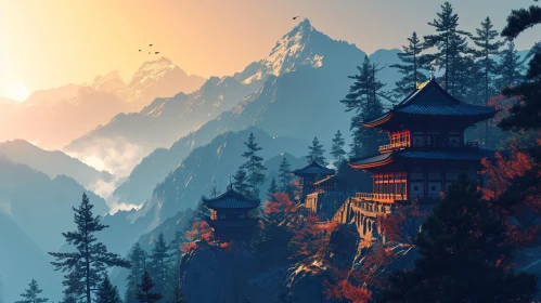 Serene Landscape Painting: Mountain Range with Temple and Lush Trees