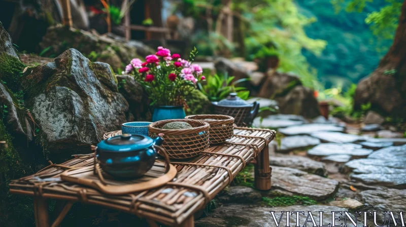 Serene Outdoor Tea Ceremony with Blue Ceramic Teapot and Cups AI Image