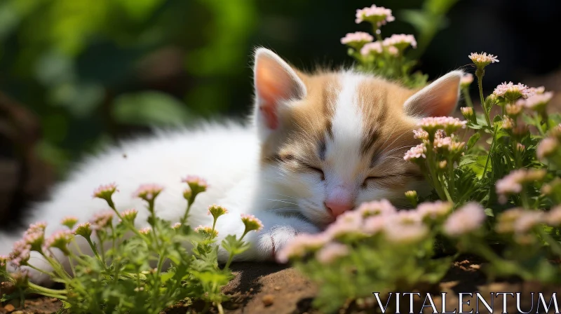 AI ART Sleeping Kitten in Bed of Flowers - Nature's Serenity