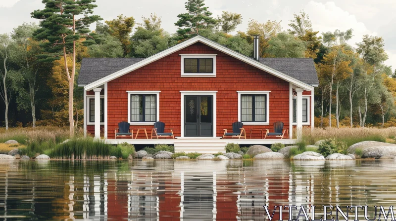 Tranquil Autumn Scene: Red Cabin by Calm Water AI Image