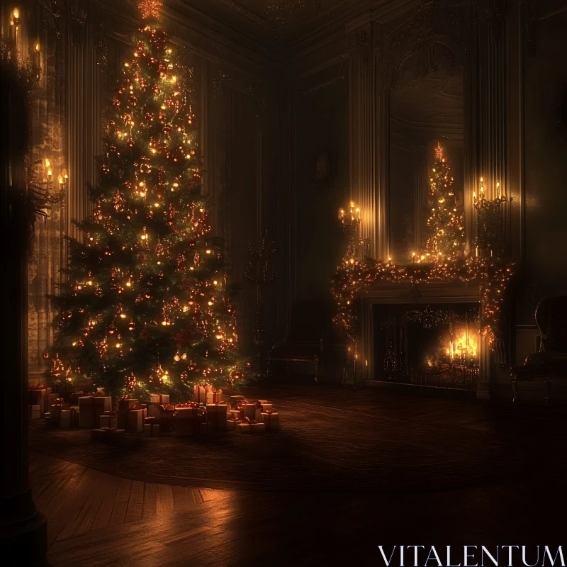 Opulent Room Adorned for Christmas with Tree, Gifts, and Fireplace AI Image