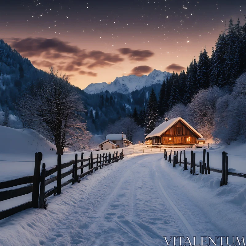 Peaceful Snowy Night in Mountainous Landscape AI Image