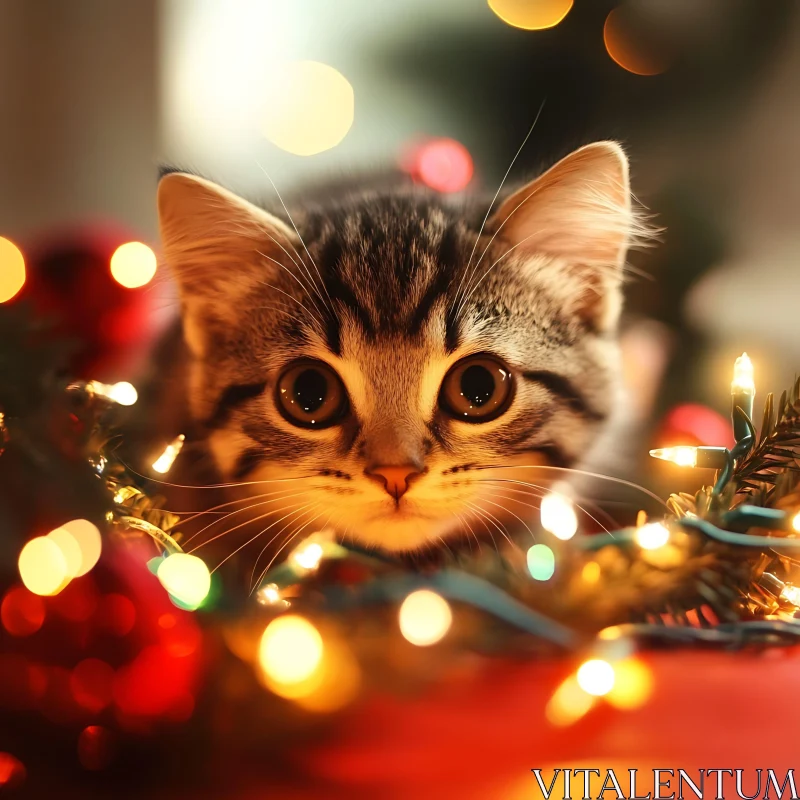 Festive Kitten with Holiday Lights AI Image