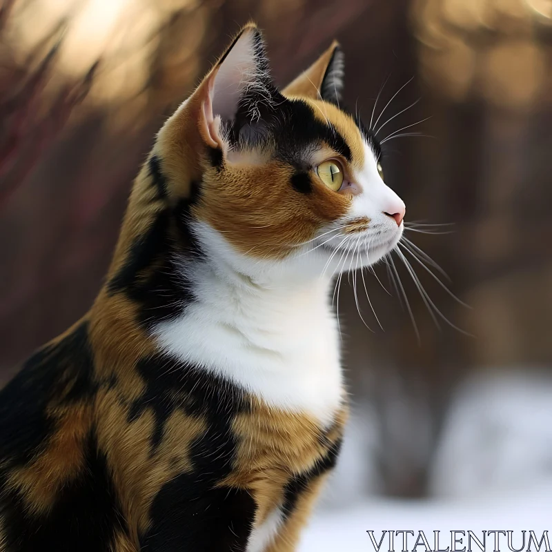 Side View of a Calico Cat with Yellow Eyes AI Image