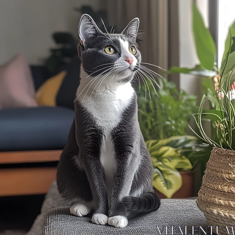 Domestic Cat Portrait Amidst Indoor Greenery AI Image