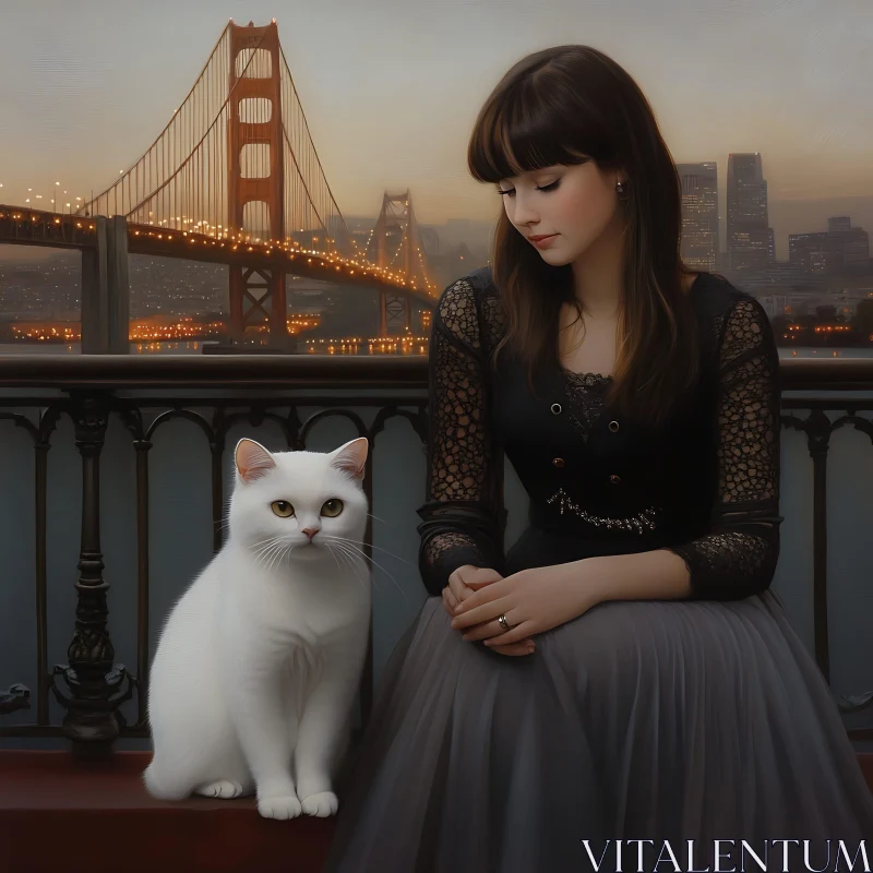 City Dusk with Cat and Woman on Balcony AI Image