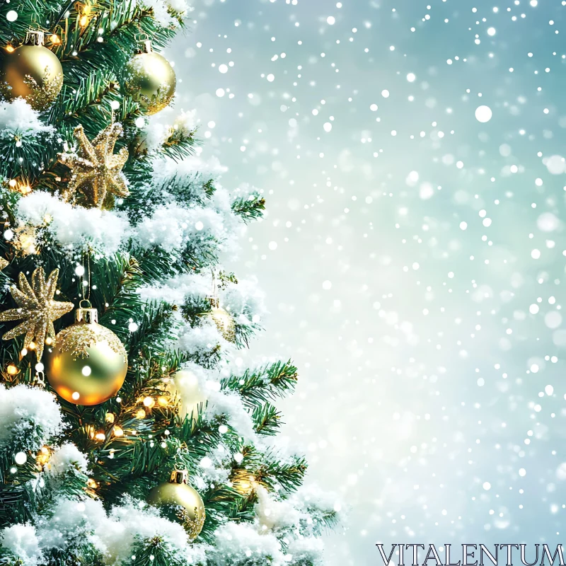 Festive Christmas Tree with Snow and Decorations AI Image