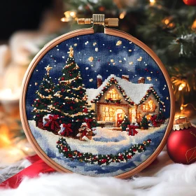 Holiday Embroidery with Lit House and Christmas Tree