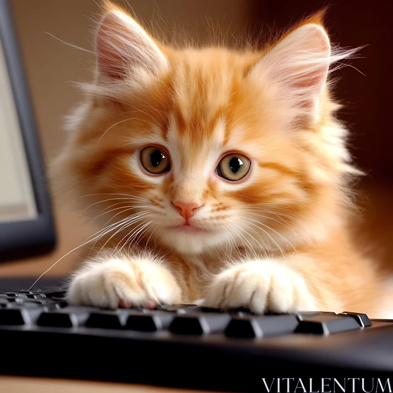 Fluffy Ginger Kitten with Computer Keyboard AI Image